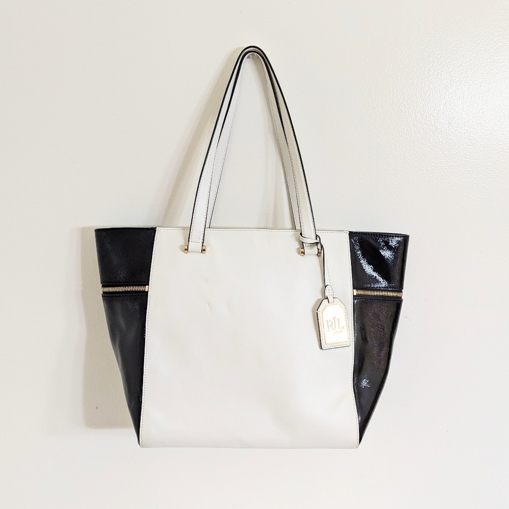 LRL Leather Black White Block Carry All Tote 12"W Bottom 12"H x 5"D
